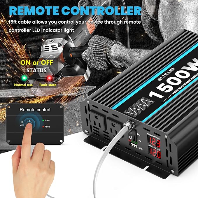 1500W Pure Sine Wave Inverter 12V DC to 110/120V AC Power Inverter with 2 AC Outlets, 3.1A USB Port, LCD Display, Remote Controller, Car Power Converter for Truck, Home, Vehicles, Boat