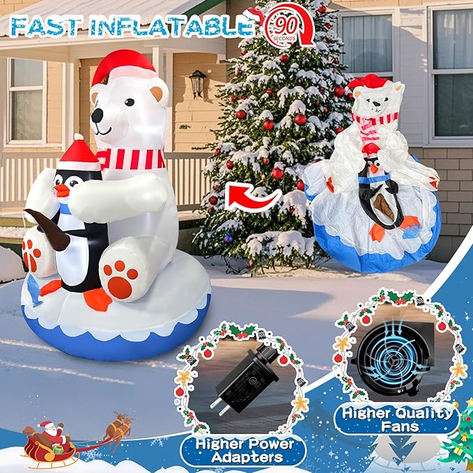 2025 Christamas Inflatable Polar Bear 6FT Polar Bear and Penguin Fishing Christmas Inflatables Outdoor Decoration Xmas Blow Up Decor with 4 Built-in LEDs for Holiday Party Yard Garden Lawn Decor