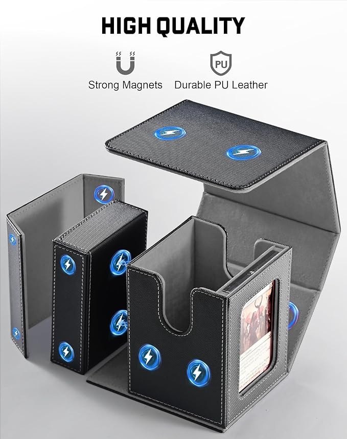ZLCA MTG Commander Deck Box with Display Window, Card Deck Box Holds 100 Double-Sleeved with Dice Tray & 35pt Magnetic Card Holder （Black&Grey）