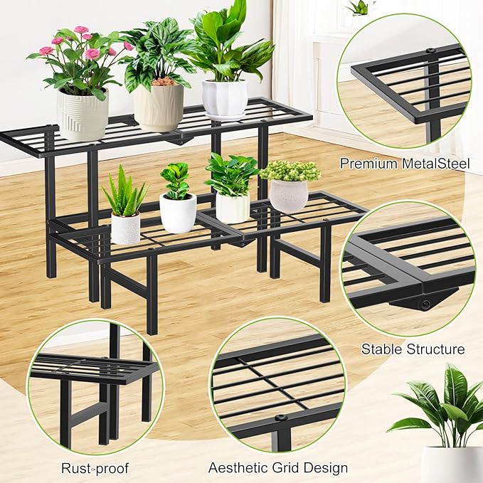 2 Tier Stackable Plant Stand Indoor Outdoor, Freestanding Tiered Folding Heavy Duty Metal Ladder Plant Shelf, Multiple Plant Pot Holder Display Rack for Living Room Garden Balcony Patio, Black