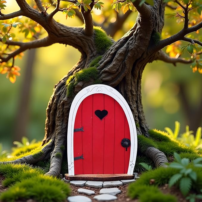 Red Streak Mini Fairy Garden Door for Tree, 3D Miniature Fairy Door for Fairytale Tiny House Doors, Bonsai Terrarium Micro Landscape Decoration Accessories Garden Miniatures