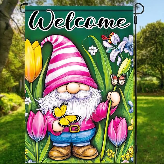 Spring Garden Flag 12x18 Inch Double Sided Cute Gnome Butterfly Outside Holiday Yard Welcome Spring Yard Flags Seasonal Decorations of Turmeric Flowers Outside Holiday Farmhouse Flag