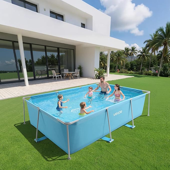 VEVOR Frame Above Ground Swimming Pool, 118 x 78 x 30 in Rectangular Steel Metal Frame, Large Rectangle Outdoor Backyard Family Pool, Easy to Assemble Rust-Resistant, 1046 Gallon Water Capacity, Blue