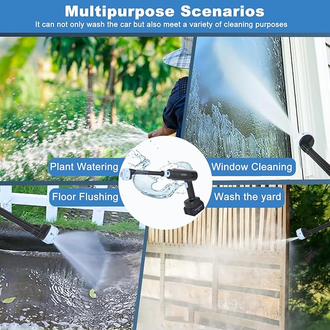 Cordless Pressure Washer Battery Powered ; 1200 PSI Battery Operated Pressure Washer with 2 1500mAh Battery&10 Meter Hose& 6-in-1 Nozzle; for Watering, Car Washing, Yard Cleaning