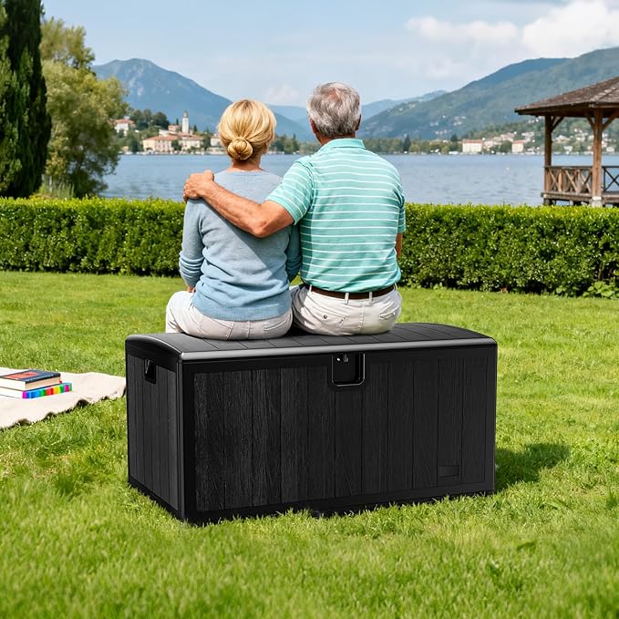 JEKO&JEKO 130 Gallon Outdoor Storage Box – Large Plastic Deck Box with Lockable Lid for Patio Furniture, Garden Supplies, and Shoes, Black