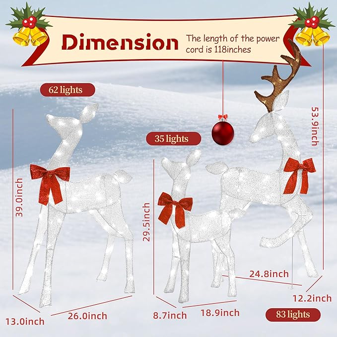 4.5Ft Lighted Reindeer Outdoor Christmas 2D Deer Family Sets Outdoor Reindeer Christmas Yard Decoration with LEDs/Stakes/Zip Ties for Holiday Patio Lawn Garden