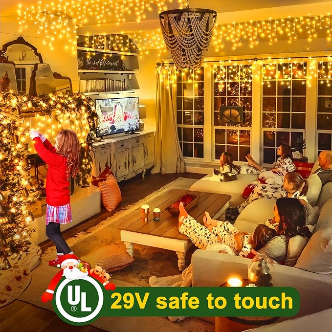 KNONEW 99ft 960 LED Christmas Lights Outdoor Decorations with 180 Drops, 8 Modes Curtain Fairy Light, Clear Wire LED String Light Indoor Decor for Wedding Party Christmas(Warm White)