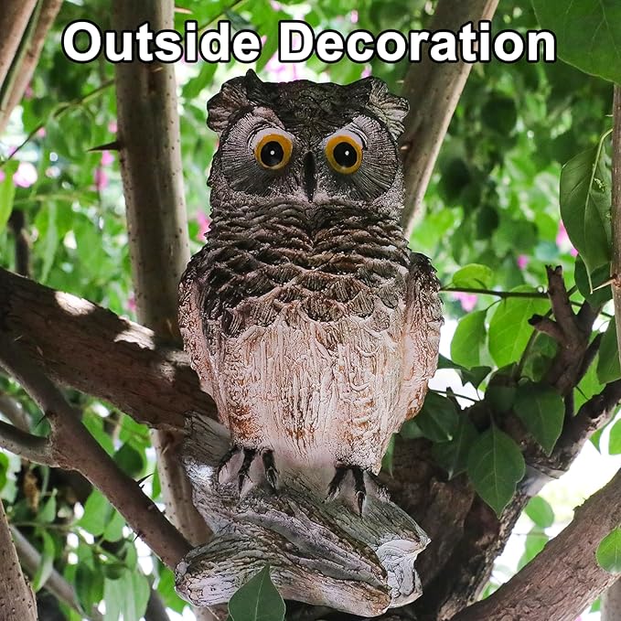 Owl Outdoor Statue Figurine Decoration, Hand-Painted Owl on Branch, Waterproof, Fade-Proof Sculpture for Garden, Patio, Home Decor Statue (Brown)