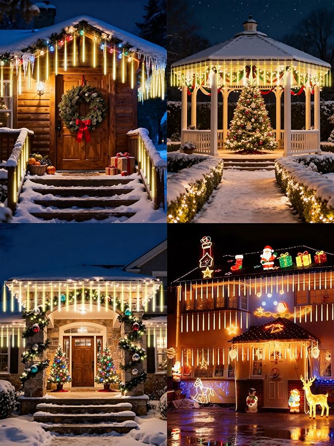 Flacchi Meteor Shower Icicle Lights - 5 Tubes 20" Each 270 LED Cascading Raindrop Lights, Timer Outdoor Waterproof Christmas Decorations for Holiday Party(Warm White)