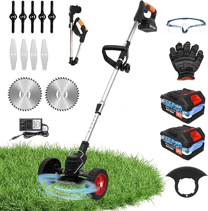 ALSO GO Cordless Weed Wacker, Grass Trimmer Fordable with 2 pcs Batteries & Charger, 3 in 1 Stringless Lightweight Weed Eater/Brush Cutter/Edger/Mower with 3 Types Blade & Wheels for Garden Yard Lawn