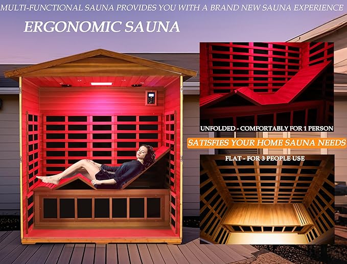 Red Cedar Ultra Low EMF Far Infrared Outdoor Sauna 3 Person with Ergonomic Seat, Mid-IR Beauty Lamp, 1950 W, 7 Infrared Carbon Plate Heaters, Chromotherapy Lamp, Reading Lamp, Bluetooth Speaker