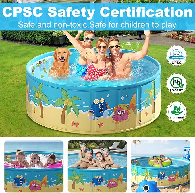 Foldable Swimming Pool for Kids 79"x18" Hard Plastic Portable Dog Pool Anti-Slip Collapsible Pets Bathtub Kiddie Pool Indoor Outdoor Backyard (JellieMons 79'')