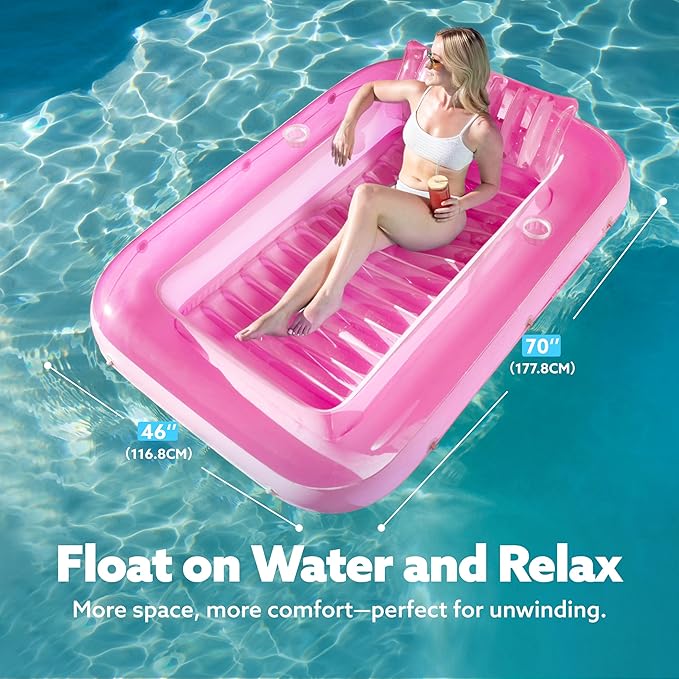 SLOOSH Inflatable Tanning Pool Lounger Float, 70" x 46" Pool Floats Adult with Pillow, 4 in 1 Suntan Tub Raft Floatie,Sunbathing Bed Lounge for Water Blow Up Kids Ball Pit Party Gifts, L-Pink