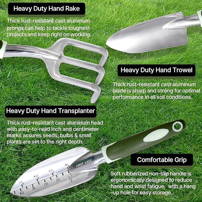 3 PCS Heavy Duty Aluminum Gardening Tool Set for Men & Women Including Hand Shovel, Hand Rake & Transplanter Trowel with Soft Rubberized Non-Slip Ergonomic Handle