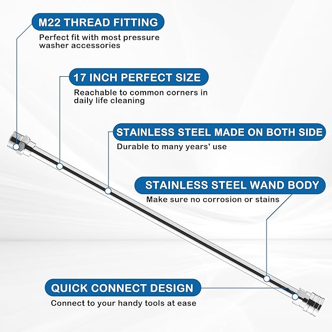 PWACCS Pressure Washer Wand Extension Kit — Dual Stainless Steel Power Washer Lance for Pressure Washing Accessories — M22 to 1/4" Quick Connect — 17 Inch Both