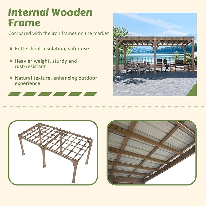 MUPATER 10x20 FT Wooden Grill Gazebo with Sloping Metal Roof, Sturdy 5.5'' Post, Wood Frame Gazebo Heavy Duty, Suitable for 2 Full-Size Grills, BBQ Canopy for Outdoor Patio, Lawn, Garden, Brown