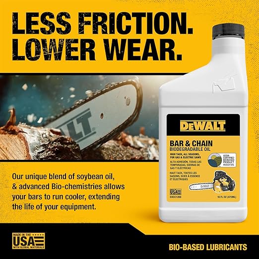 DEWALT – Biodegradable Bar & Chain Oil – Green, Eco-Friendly, Non-Toxic Professional Bar & Chainsaw Lubricant – Ultraclean All-Season Oil for Gas, Electric Saw, and Pole Saw, 16 oz