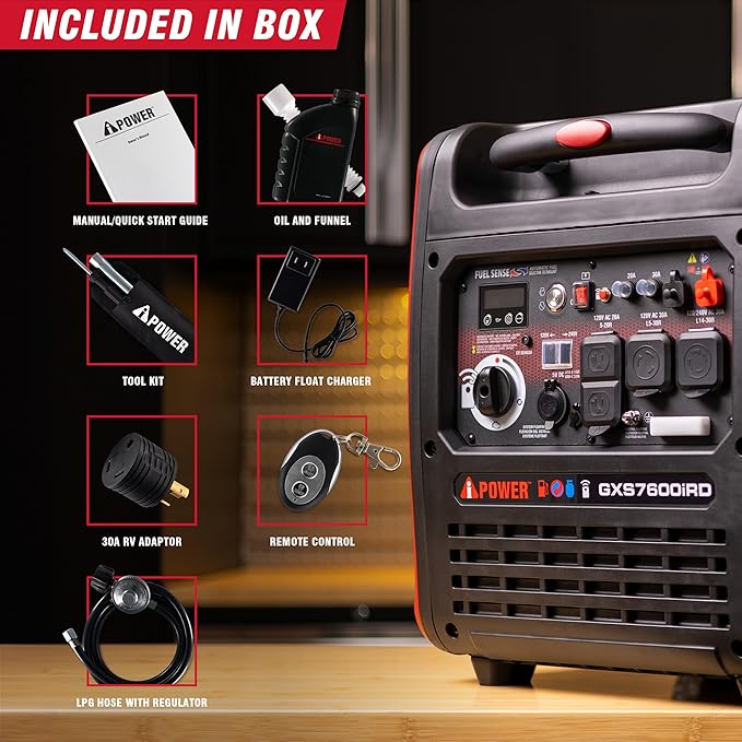 A-iPower 7600-Watt Dual Fuel Inverter Generator Remote Start, Power Supplies with 322cc OHV Engine, CO Sencsor, Gas and Propane Powered, for Backup Home Use, Tailgating, RV, Power Outages(GXS7600iRD)