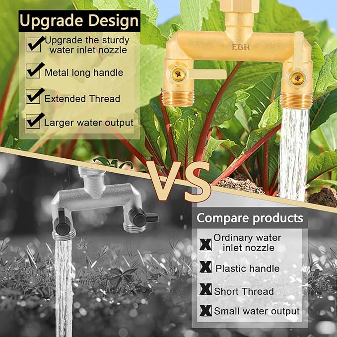 EBH Garden Hose Splitter, Full Flow Outdoor Faucet Splitter, 2-Way High Flow Brass Heavy Duty Hose Splitter with Long Metal Handle。