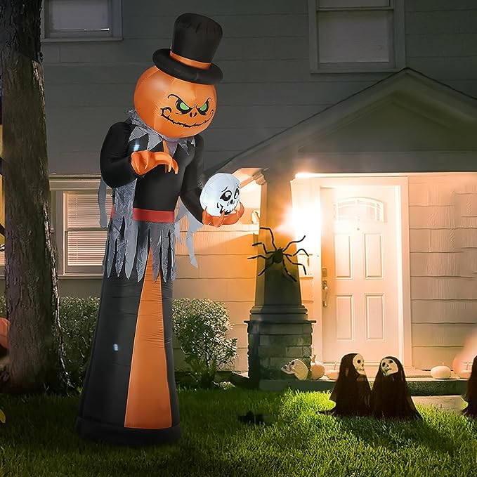 12ft Inflatable Halloween Decoration Pumpkin Reaper with Skeleton Skull, Waterproof Outdoor Decorations, Blow Up LED Yard Decor for Garden, Lawn, Party, Holiday
