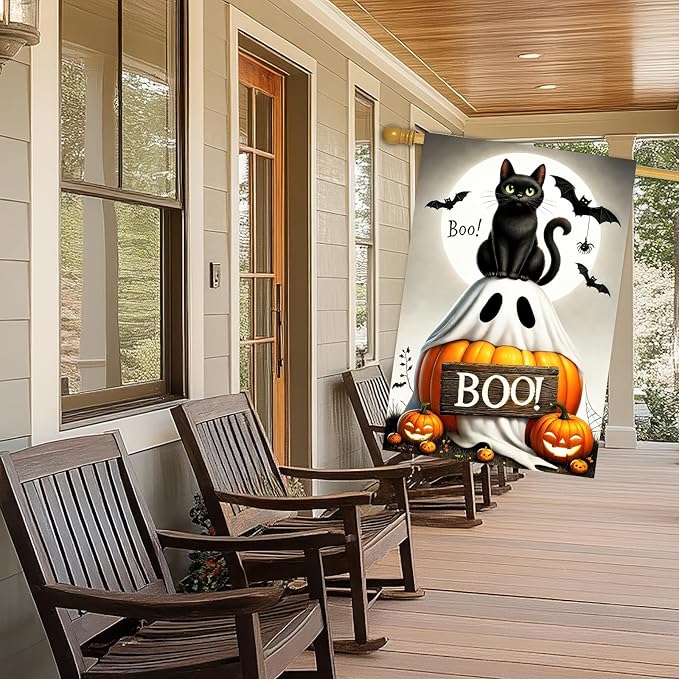 Halloween Garden Flag 12x18 inch Double Sided Boo Black Cat Flags Pumpkin Banner Spooky Bat Moon Small Yard Flag for Fall Outdoor Halloween Party Decoration