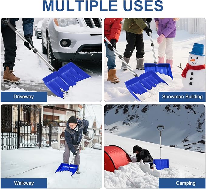 Ergonomic Large Snow Shovel for Driveway: 48-Inch Dual-Lock Knob Anti-Wobble Handle, 16" Plastic Blade w/Metal Edge, Ultra-Light 1.9 lb, Portable Aluminum Shaft, Car, Camping & Emergency, Blue