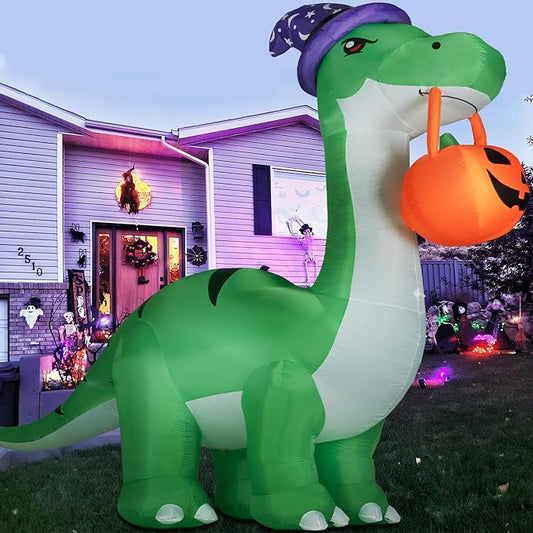 10FT Halloween Inflatable Huge Dinosaur Decorations Outdoor,Halloween Blow Up Yard Decorations Built-in LED Lights,Scary Party Decorations with Witch Hat and Pumpkin,for Garden/Lawn.