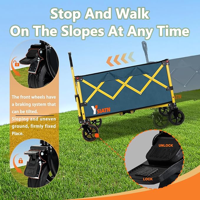 Collapsible Wagon Cart with Wheels Foldable, Folding Wagons Carts with All Terrain Wheels, Large Grocery Cart On Wheels, Heavy Duty Utility Wagon for Shopping Beach Sports Fishing Camping, 110L, Green