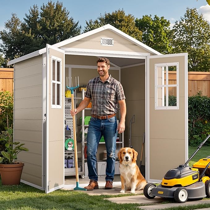DWVO 6x4.4 FT Outdoor Storage Shed, Plastic Garden Tool Shed with 2 Windows, Double-Wall Outside Shed for Lawn Mower, Garden Tool for Backyard, Patio, Lawn, Lockable, Beige