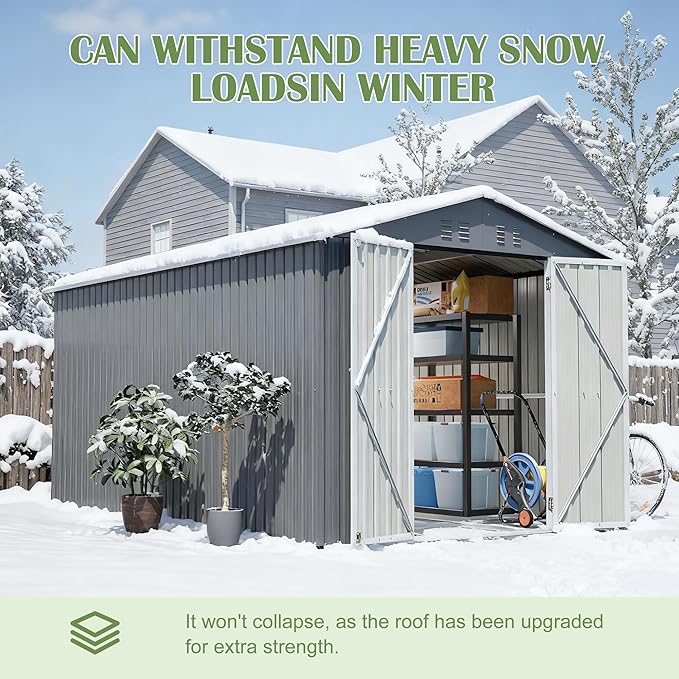 8x12 FT Shed Outdoor Storage Metal Large Garden Tool Sheds with Lockable Doors Floor Frame Gable Roof Waterproof Steel Utility Equipment Sheds for Backyard Patio Lawn Poolside, Grey