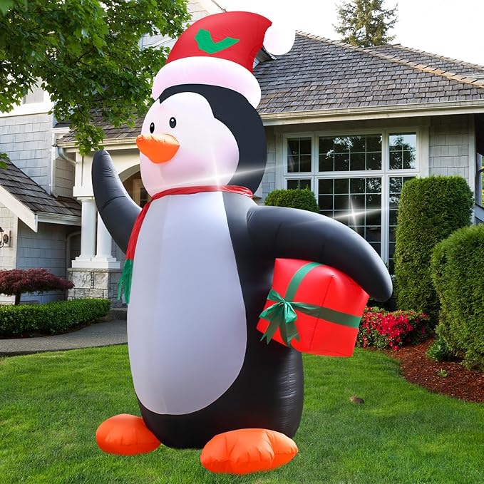 12 Feet Christmas Inflatable Penguin Holding Gift LED Lights Outdoor Decoration for Lawn Garden Entrance Holiday Party Festive Atmosphere Cute Toy