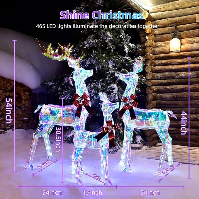 Outdoor Christmas Decorations Deer Family - HOYECHI 3-Piece Lighted Prismatic Reindeer with 465 LED Lights - Outside Yard Decor Kit, Stakes, Zip Ties - Iridescent