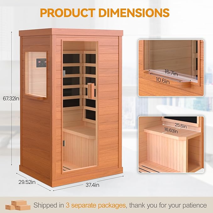 HUGROVE Far Infrared Wooden Sauna, Bluetooth Speakers & 5 Heating Panel, 900W Aucoumea Klaineana Dry Sauna for Home, Intelligent Control Panel and Tempered Glass Door