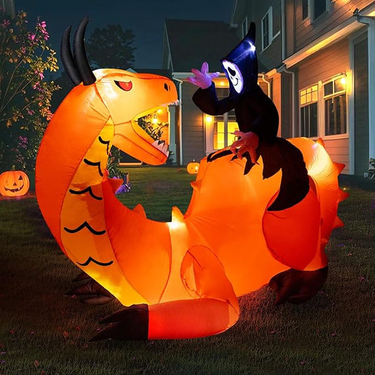 8FT Halloween Inflatables Dinosaur Outdoor Decoration, Grim Reaper Riding Dinosaur with 5 LED Lights Built-in Blow Up, Holiday Outside Decor for Yard Lawn Patio Garden Party