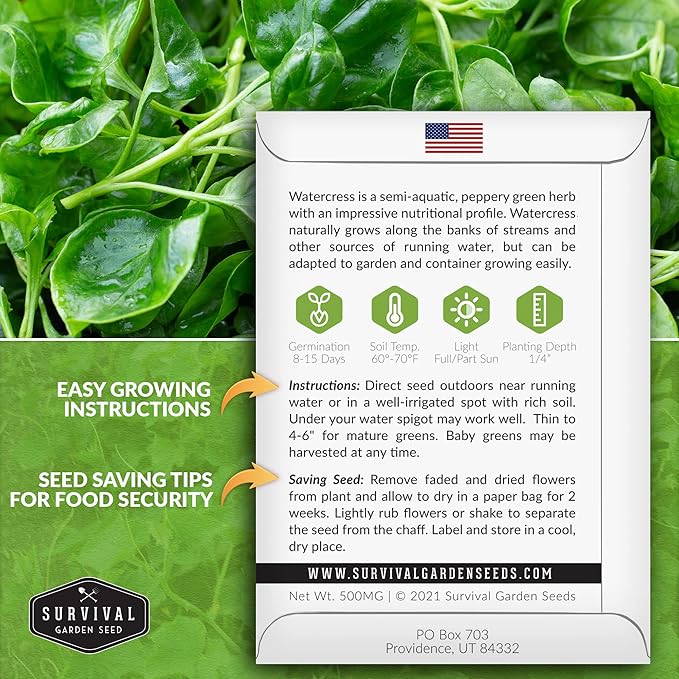 5 Packs Watercress Seed for Planting - Packet with Instructions to Grow Nasturtium officinale in Your Home Vegetable Garden - Non-GMO Heirloom Variety - Survival Garden Seeds