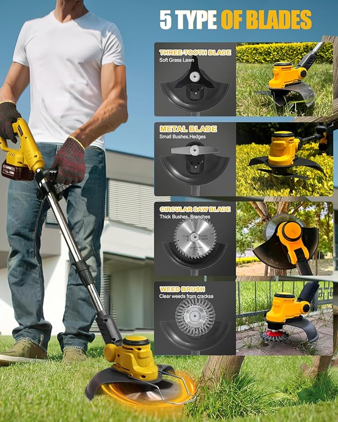 Cordless Weed Wacker for Dewalt 20V Battery(Battery Not Included), with 5 Types Blades, Brushless Motor, Lightweight Grass Trimmer/Brush Cutter for Lawn Yard Garden