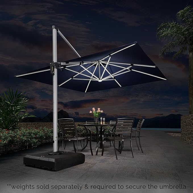 PURPLE LEAF 11 Feet Double Top Deluxe Solar Powered LED Square Patio Umbrella Offset Hanging Umbrella Outdoor Market Umbrella Garden Umbrella, Navy Blue