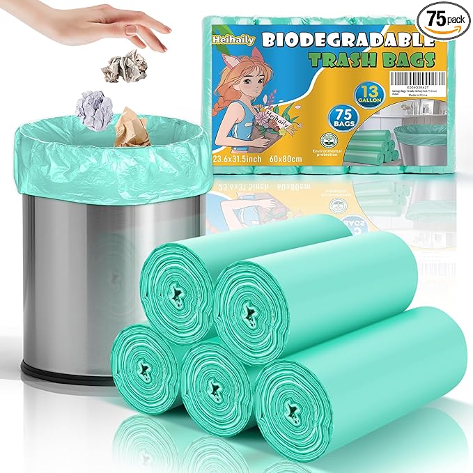 Garbage Bags 13 Gallon Tall Kitchen - Clear Green Biodegradable Large Trash Bags Unscented Leak-Proof Wastebasket Can Liners for Office Bedroom Toilet or Outdoor Heihaily Bulk 75 Count