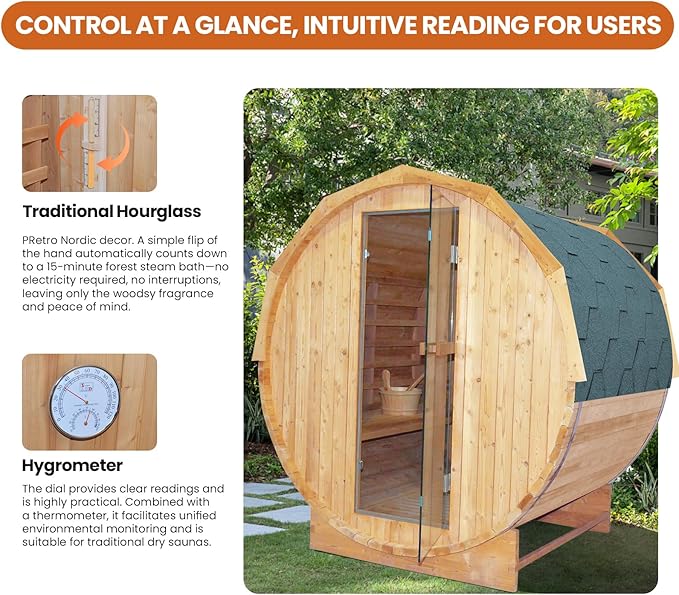 Outdoor Traditional Steam Sauna Barrel Sauna, 4 Person Outdoor Sauna 4.5KW/240V Stove Heater, Finnish Carbonized Spruce with Wooden Barrel, Spoon, Sauna Stone, LED Light - 59 * 70.9 * 75.9 in