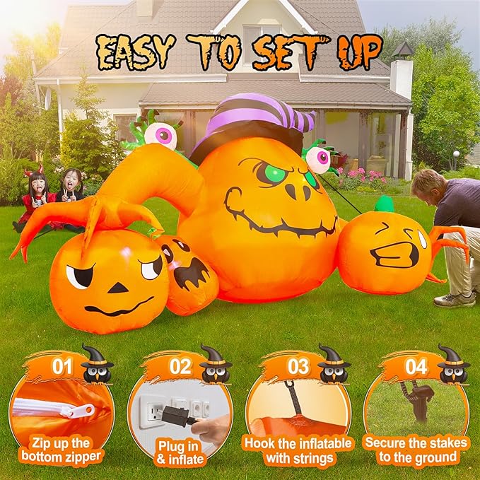 8FT Pumpkin Halloween Inflatables Outdoor Decoration with 7 LED Lights Built-in, Pumpkin Combo with Wizard Hat and Scary Hands, Blow Up Halloween Decor for Outside Yard Patio Lawn