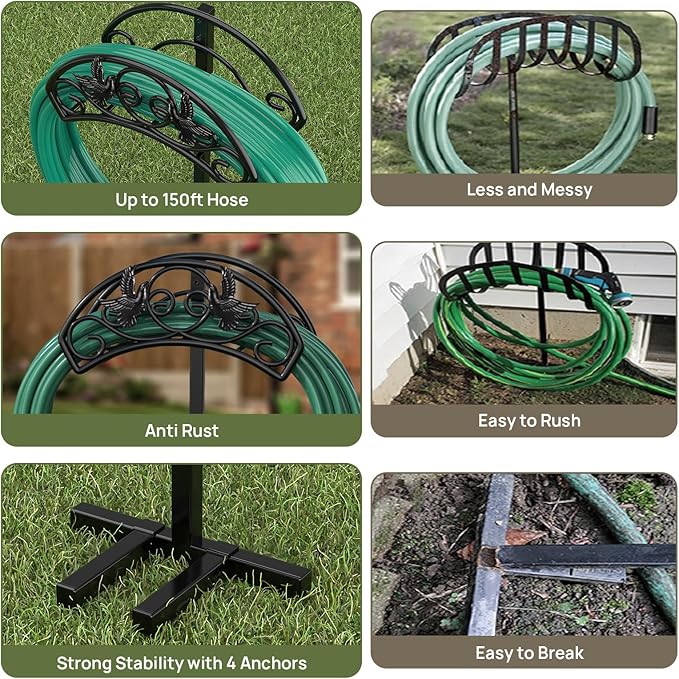 Garden Hose Holder Detachable, Heavy Duty Metal Water Hose Hanger Freestanding Hose Organizer Hose Holders for Outside (Black)