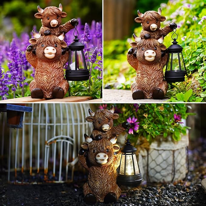 Solar Highland Cow Garden Decor - Resin Cow Statue with Solar Lantern Outdoor Yard Patio Decor - Ideal Gifts for Women,Mom Men (Copper)