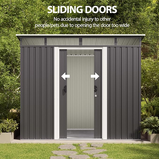 Gizoon 7.4'x5.3' Outdoor Storage Shed Metal Garden Shed with Sliding Lockable Doors, Versatile Tool Bike Shed with Transparent Panel Windows, Outdoor Storage Clearance for Backyard, Patio, Dark Gray