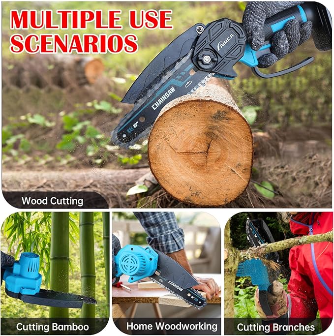 6-Inch Mini Chainsaw, Cordless Handheld Electric Chainsaw with 2x 24V 4000mAh Batteries & 2 Chains, Lightweight & Portable, for Tree Trimming, Wood Cutting, Gardening, Outdoor & Household Use (Blue)