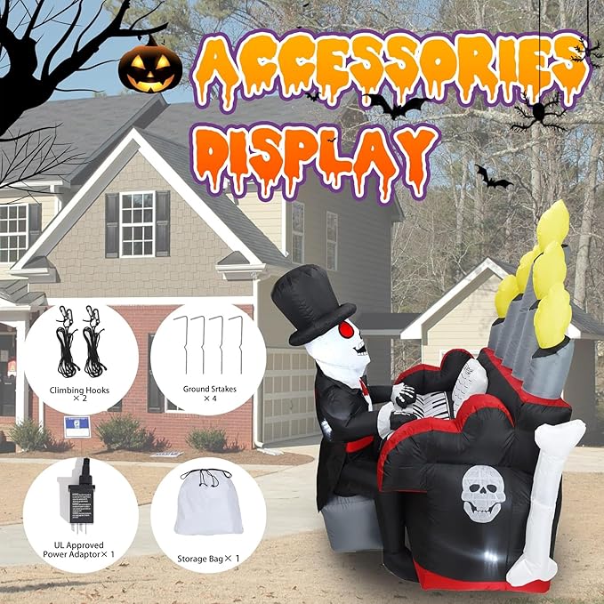 Bonus Bluetooth Speaker! 5.4x5.4FT Giant 3D Novelty Halloween Inflatable Skeleton Playing Piano with Build-in LED Lights and Bluetooth Speaker, Playing Music Remotely by Youself! Outdoor Indoor Decor