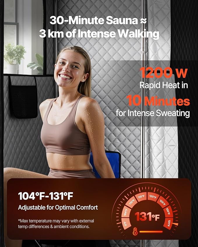 VEVOR Upgraded Portable Steam Sauna for Home, 1 Person Full Body Home Spa Tent with Steamer & 1 Foldable Chairs & Remote & Essential Oil Box,Heavy-Duty Stainless Steel Frame Sauna Box, (Black)