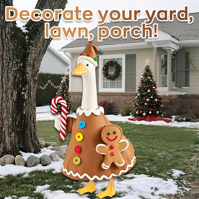 Christmas Gingerbread Porch Goose Outfit for Large 23" High Cement or Plastic Goose Statue, Yard Goose Cloths Decor for Outdoor Lawn Gaden Patio