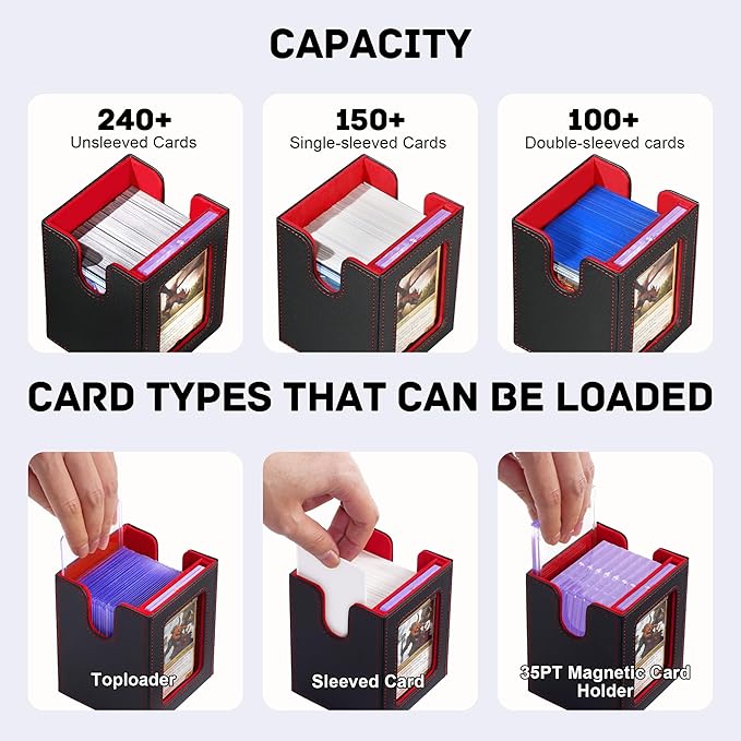 Trading Card Deck Box with Commander Display，3 in 1 MTG Storage Holds 200 Double-Sleeved Cards，2 Deck Boxes & Dice Tray Included，Fits MTG, TCG, PTCG & Sports Cards