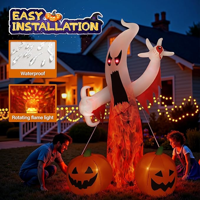8FT Halloween Inflatables Ghost Decorations with Built-in LED Lights,Blow Up Scary Red Eye Pumpkin for Outdoor Halloween Party Garden Lawn Holiday Decor