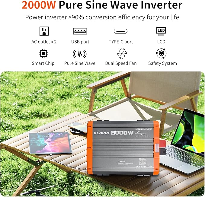 2000W Pure Sine Wave Inverter,12V DC to 110V AC Power Inverter for Vehicles RV,Truck,Car,Solar Off-Grid Converter with 2 AC Outlet,27W Type-C,5V 3A USB-A,Hardwire Port，16ft Remote Controller